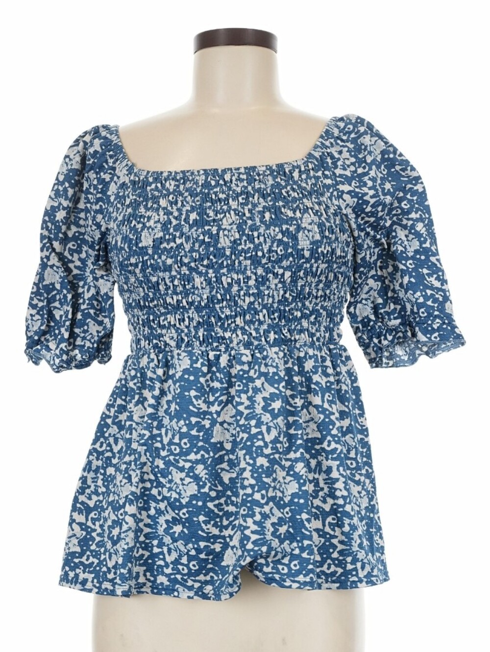 Blue Floral Smocked Square-Neck Women's Top